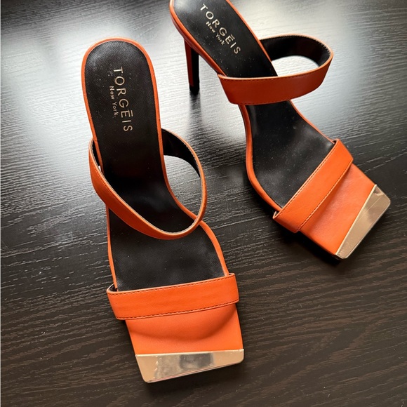 Torgeis Shoes - Torgeis Orange Square Toe Mule Heels Gold Toe Detail Size 8